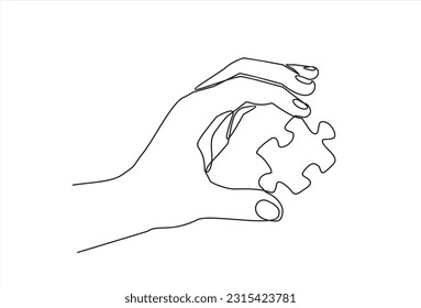 Continuous one line drawing of hand and puzzle. Business matching - connecting puzzle elements.  Puzzle game symbol and iconic business metaphor for problem solving, solution and strategy.