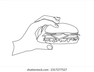 Kontinuierliche Zeichnung einer Linie von Hand, die einen Burger hält. Umrisskizze für Hamburger oder Sandwich. Fast Food Konzept. Vektorgrafik.