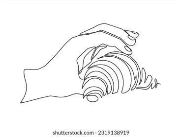 Continuous one line drawing of Hand holding a Croissant. Croissant outline sketch. Fast food concept. Vector illustration.