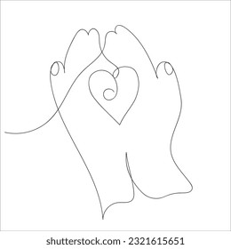 Continuous one line drawing hand holding heart. Vector, illustration, line art.