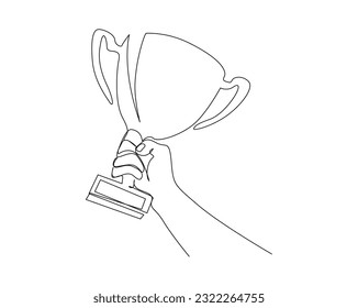 Kontinuierliche Einzeilenzeichnung der Hand, die Trophäe-Cup-Wettbewerb hält. Trophy Cup Line Kunst Vektorgrafik.   Bearbeitbarer Strich.	