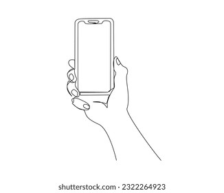 Kontinuierliche Zeichnung einer Linie von Hand hält Handy. Hand hält Smartphone-Linie Kunst Vektorgrafik. Bearbeitbarer Strich.	