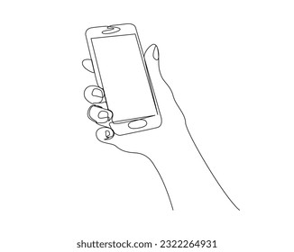 Continuous one line drawing of hand holding cellphone. Hand holds smartphone line art vector illustration. Editable stroke.	