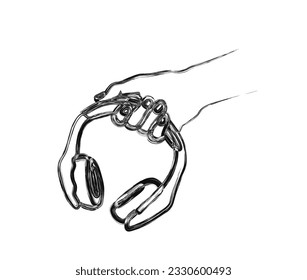 Continuous one line drawing of hand holding headphone. Hand holds wireless earphone line art vector design. Music and lifestyle concept.