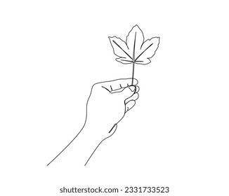 Continuous one line drawing of hand holding tropical leaf. Hand holds maple leaf outline design.  Editable stroke.