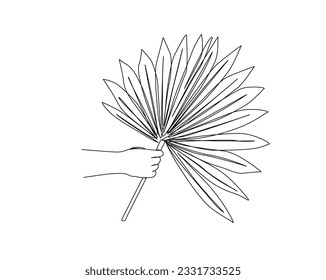 Continuous one line drawing of hand holding tropical leaf. Hand holds palm leaf outline design.  Editable stroke.