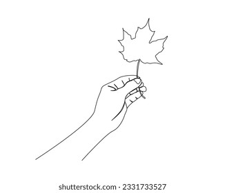 Continuous one line drawing of hand holding tropical leaf. Hand holds maple leaf outline design.  Editable stroke.