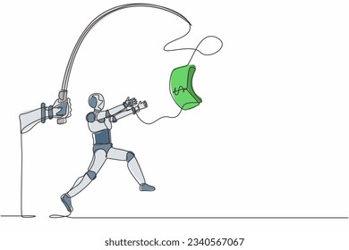 Continuous one line drawing hand with fishing pole and dollar cash control greedy robot. Humanoid robot cybernetic organism. Future robotics development. Single line draw design vector illustration