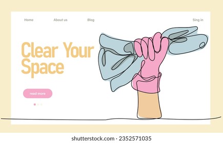 Continuous one line drawing of hand wearing rubber gloves cleaning surface with microfiber cloth or sponge and disinfectant spray during quarantine due. Easy to place your text and brand logo