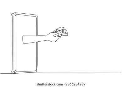 Continuous one line drawing hand comes out from the middle of the smartphone holding banknotes. Choose necessities online. Cash on delivery. Online stuff. Single line draw design vector illustration