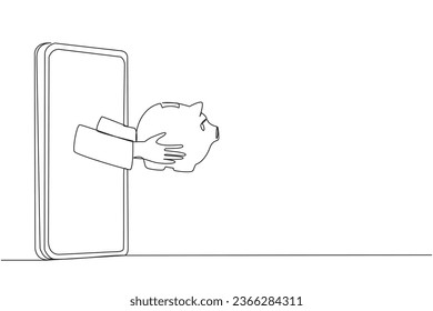 Continuous one line drawing the hand comes out from the middle of the smartphone holding the piggy bank. Check piggy bank before making online transaction. Single line draw design vector illustration