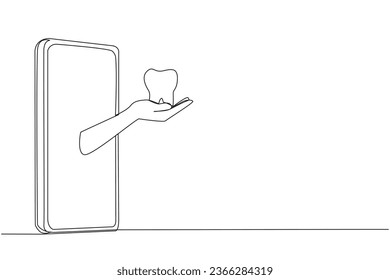 La mano de dibujo de una línea continua sale de la mitad de los smartphones con molares. Aplicación dentista en línea. Consulta desde smartphone. Salud dental. Ilustración vectorial de diseño de líneas simples