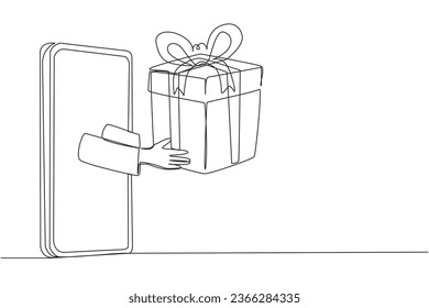 Aus der Mitte der Smartphone-Halteverpackung kommt eine gerundete Zeichenkette heraus. Die sichere Verpackung gewährleistet, dass der Einkauf sicher ankommt. Online-Inhalte. Vektorgrafik-Design für einzelne Linien