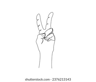 Continuous one line drawing of hand gesture . Human hand with two raised up sign fingers, symbol of luck and piece outline vector illustration. Editable stroke. 	