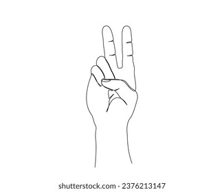Continuous one line drawing of hand gesture . Human hand with two raised up sign fingers, symbol of luck and piece outline vector illustration. Editable stroke. 	