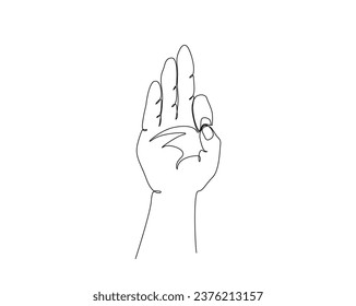 Continuous one line drawing of hand gesture with Letter F symbol. single hand sign outline vector illustration. Editable stroke.
