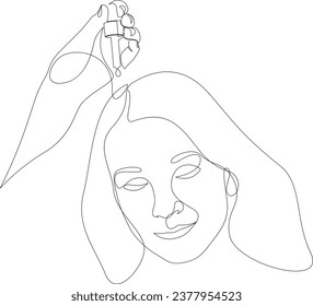 Continuous one line drawing of hand holding pipette with medicine for alopecia and baldness. Applying hair care oil essence to woman scalp. Hair loss treatment concept drawn by single line.