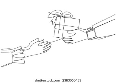 Continuous one line drawing a hand gives a gift box to a partner. Gifts that make a positive impression. Thank you in the form of a gift. Best moment. Single line draw design vector illustration