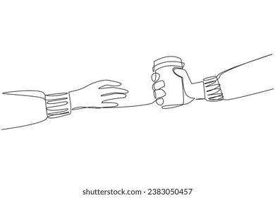 Continuous one line drawing a hand gives a paper cup. Buying a cup of warm coffee will increase the concentration. Drinking warm tea can relax the body. Single line draw design vector illustration