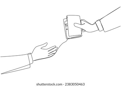Continuous one line drawing a hand passes a wallet to colleague. Full trust is given. Manage finances well. Reach the maximum limit of business profits. Single line draw design vector illustration svg