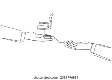 Continuous one line drawing hand provides work chair. Handover of position. Share the same responsibilities in business. Teamwork to make a lot of profit. Single line draw design vector illustration