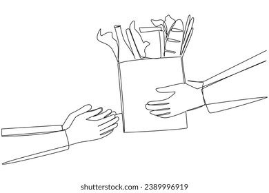 Continuous one line drawing hand giving grocery bag. Very environmentally friendly shopping bags. Able to carry various types of food. Protect the earth. Single line draw design vector illustration