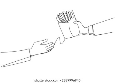 Continuous one line drawing hand giving french fries. Snack foods that are cut into long strips. Fast food restaurants. Included in the junk food category. Single line draw design vector illustration
