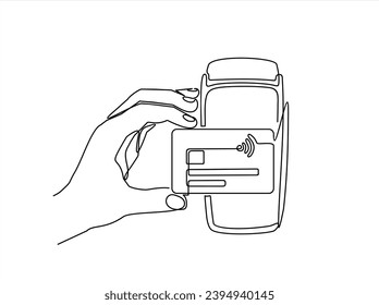 Continuous one line drawing hand of  using a credit or debit card for transactions through the terminal. Cashless payment concept. Continuous line draw design graphic vector illustration.