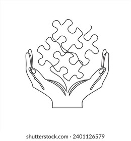 Continuous one line drawing of hand and puzzle. Business matching - connecting puzzle elements. Puzzle game symbol and iconic business metaphor 