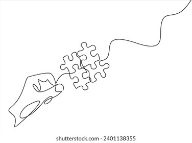 Dibujo continuo de una línea de mano y rompecabezas. Correspondencia comercial: conexión de elementos de rompecabezas. Símbolo de juego de rompecabezas y metáfora icónica de negocios