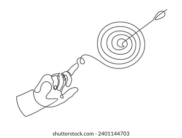 Continuous one line drawing of hand holding a darts board. Arrow on target circle.Target bullseye or arrow on target. The business grows according 