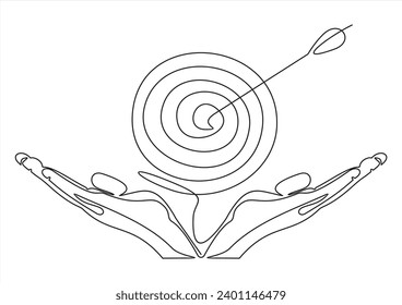 Continuous one line drawing of hand holding a darts board. Arrow on target circle.Target bullseye or arrow on target. The business grows according to 