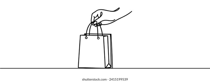 Continuous one line drawing of hand holding shopping bags. Simple paper bag line art vector illustration.