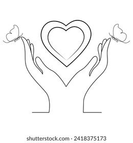 Continuous one line drawing of hand holding heart with butterfly vector art illustration 