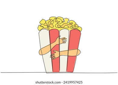 Continuous one line drawing of hand hugging popcorn. Movie time, popcorn time. The best way to enjoy a movie is while eating popcorn. A snack that has several flavors. Single line draw design vector