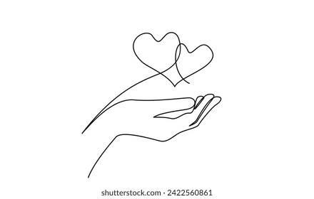 Continuous one line drawing hand holding heart. Charity donation linear symbol template