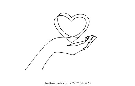 Una línea continua dibujando la mano sosteniendo el corazón. Plantilla de símbolo lineal de donación de caridad