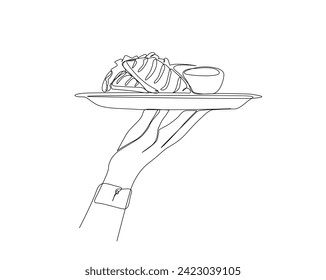 Continuous one line drawing of hand holding grilled steak on plate. Serving Grilled steak on plate single outline vector illustration. Editable stroke.