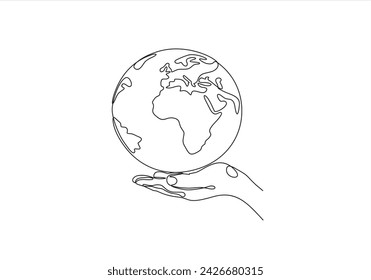 Continuous one line drawing. hand holding Earth globe.