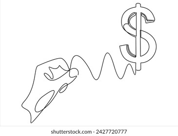 Kontinuierliche eine Linie Zeichnung des Hand halten Dollar Zeichen.Hand halten Münze Kontinuierliche eine Linie Zeichnung Kunst. Dollar lineares Symbol. Spargeldkonzept.