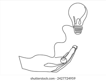 Continuous one line drawing of hand holding electric light bulb at palm arm. Concept of idea emergence or generate and giving business ideas. Vector illustration.