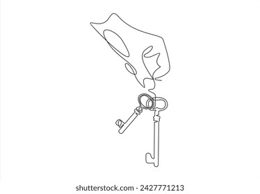 Mano de dibujo continuo de una línea sosteniendo la llave vintage. Diseño clave para llevar. Mano con una llave vieja.	
