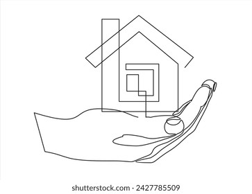 Continuous one line drawing of a hand holding a miniature house. Hand-carried small house miniature, perfect for real estate home sales marketing in doodle style