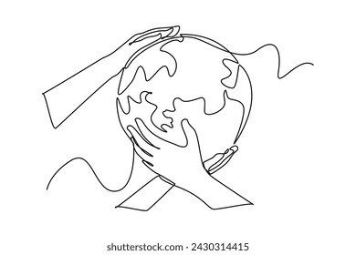 Continuous one line drawing of hand protect earth ozone layer. Protects the earth's ozone layer from perforating. The air remains healthy. world ozone minimalist concept.