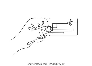 Continuous one line drawing of hand holding credit card. Contactless bank card in hand.
