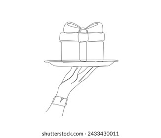 Dibujo continuo de una línea de la caja de regalo de la porción de mano. Caja de regalo en una placa en una sola ilustración vectorial de contorno.  