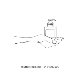 Continuous one line drawing of hand holds cosmetic bottle with pump dispenser. Pump bottle line art vector illustration. Editable stroke.	