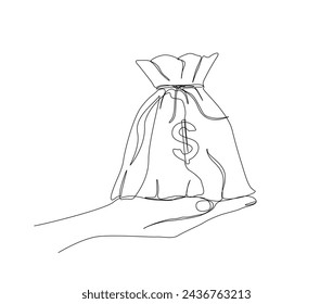 Continuous one line drawing of hand holding money bag. Hand hold money bag single line art vector illustration. Editable stroke.