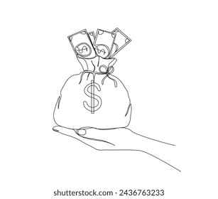 Dibujo continuo de una línea de la bolsa de mano que sostiene el dinero. Bolso de mano del dinero ilustración vectorial de una sola línea. Trazo editable.