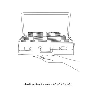 Continuous one line drawing of hand holding suitcase with full of money. Editable stroke.